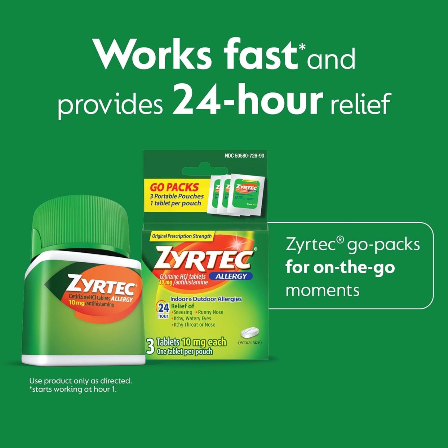 Zyrtec 24 Hour Allergy Relief Tablets, Indoor and Outdoor Allergy Medicine with 10 mg Cetirizine HCl per Antihistamine Tablet, Bundle Pack, 90 ct + 3 ct Travel Packs, 93 Count
