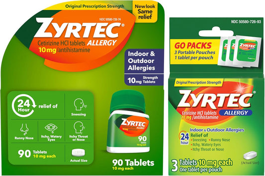 Zyrtec 24 Hour Allergy Relief Tablets, Indoor and Outdoor Allergy Medicine with 10 mg Cetirizine HCl per Antihistamine Tablet, Bundle Pack, 90 ct + 3 ct Travel Packs, 93 Count